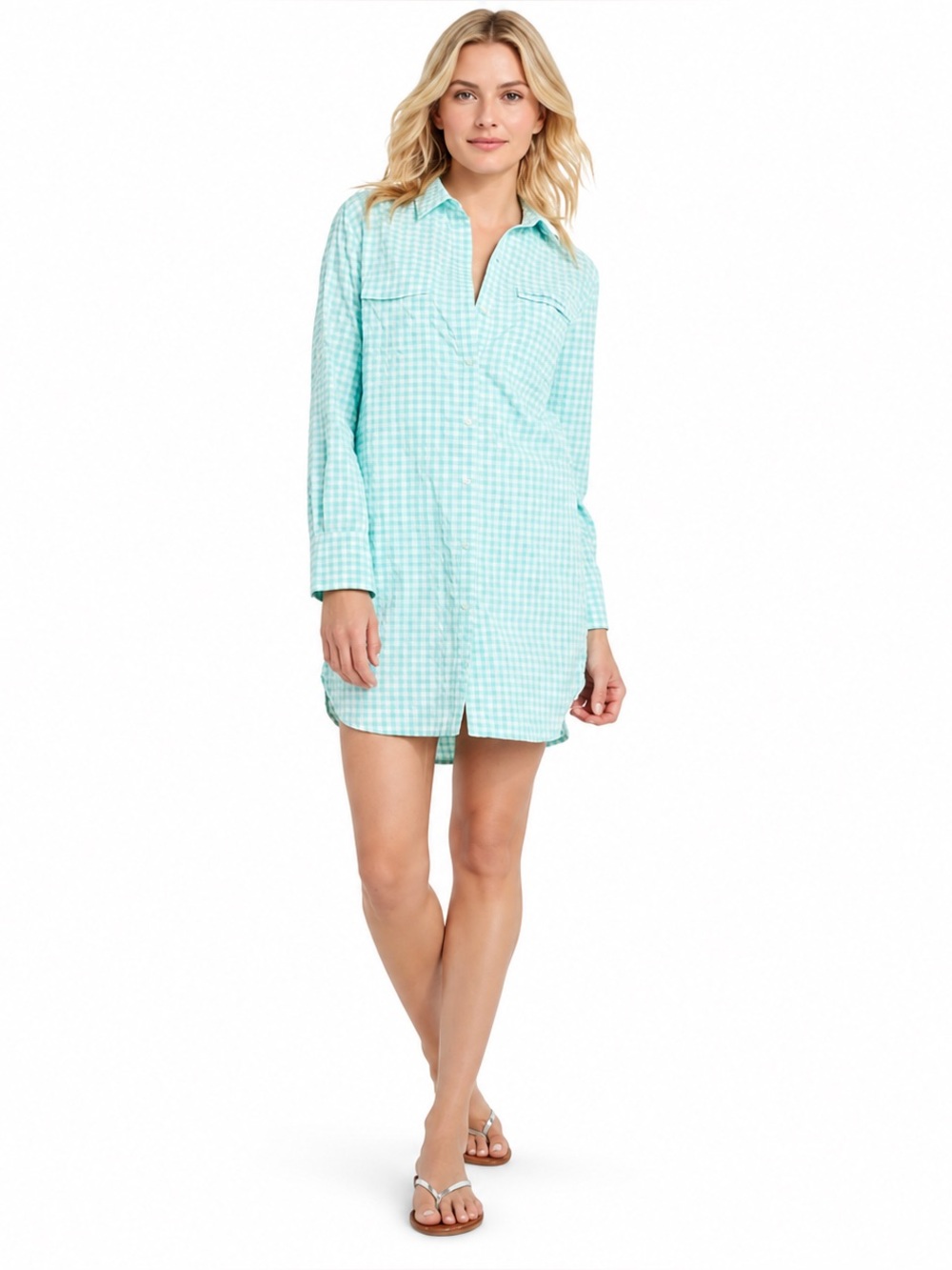 Vineyard Vines Gingham Long-Sleeve Performance Cover-Up Shirt Dress